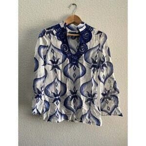 Boston Proper Andrea Behar Blouse Tunic Shirt Top Size Small Sheer Multi-Color